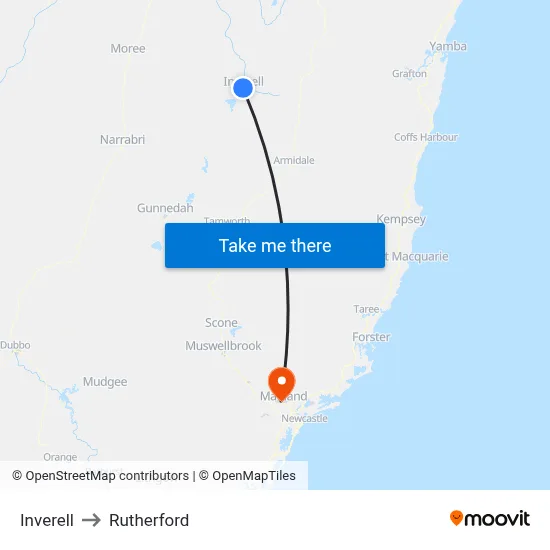 Inverell to Rutherford map