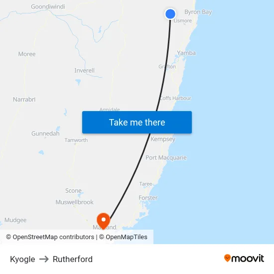 Kyogle to Rutherford map