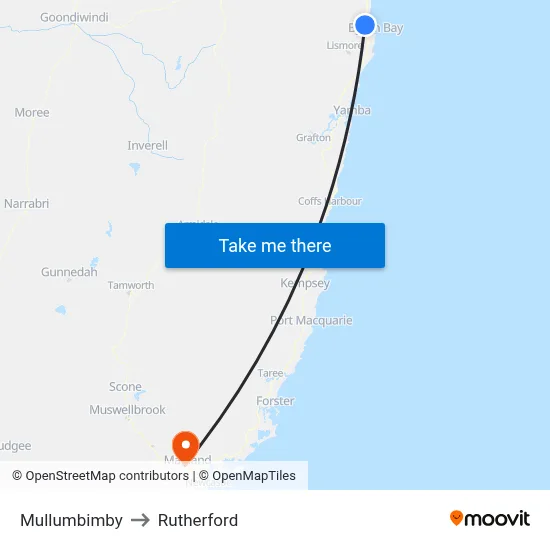 Mullumbimby to Rutherford map