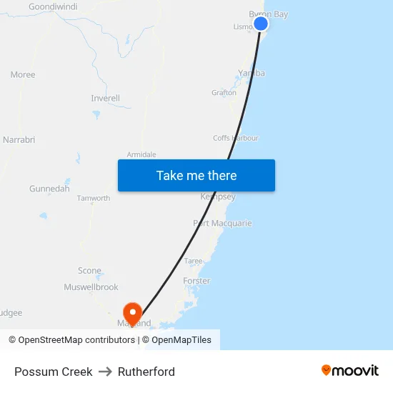 Possum Creek to Rutherford map