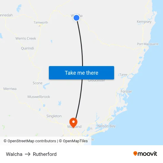 Walcha to Rutherford map