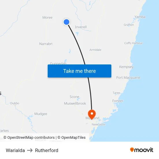Warialda to Rutherford map