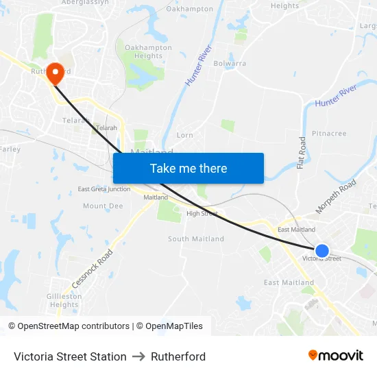 Victoria Street Station to Rutherford map