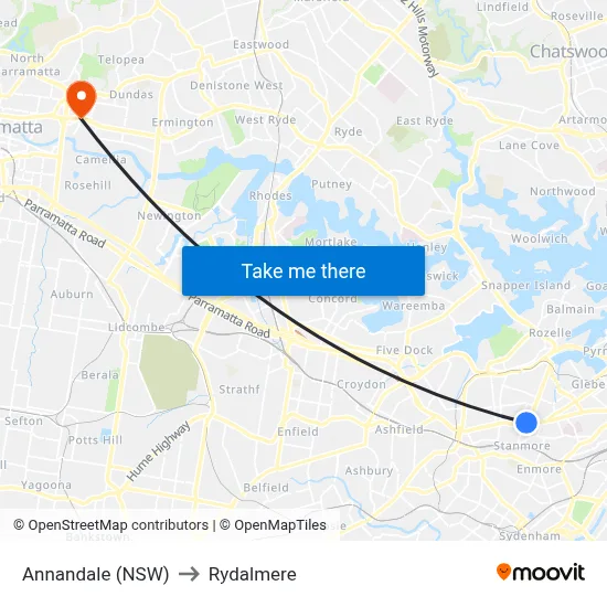 Annandale (NSW) to Rydalmere map