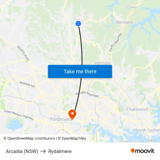 Arcadia (NSW) to Rydalmere map
