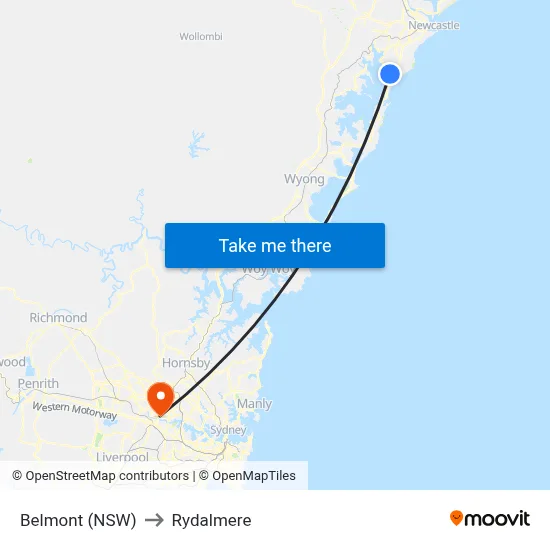 Belmont (NSW) to Rydalmere map
