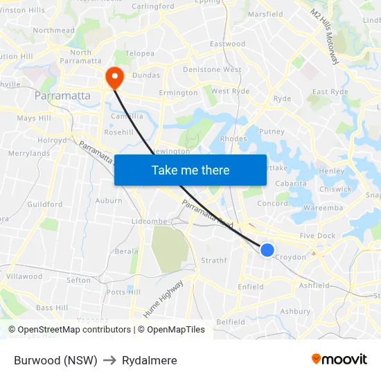 Burwood (NSW) to Rydalmere map