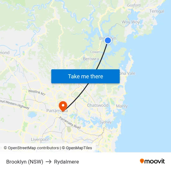 Brooklyn (NSW) to Rydalmere map