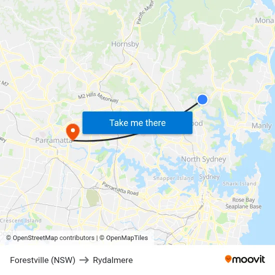 Forestville (NSW) to Rydalmere map