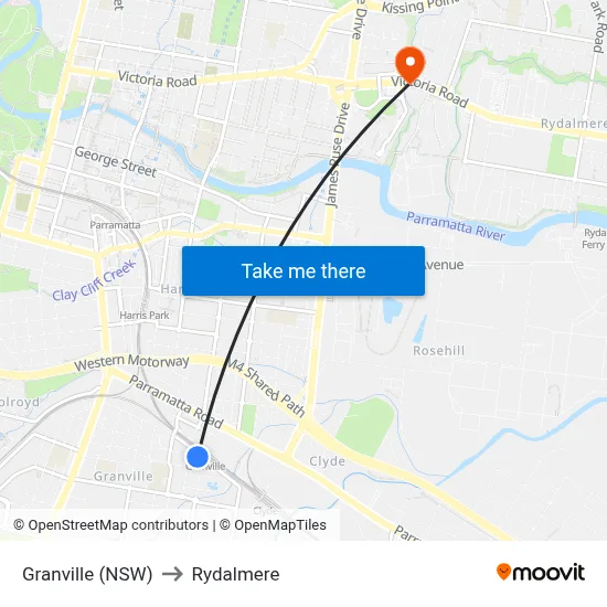 Granville (NSW) to Rydalmere map