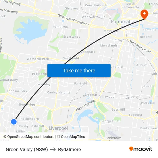 Green Valley (NSW) to Rydalmere map