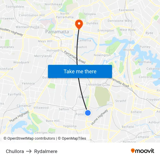 Chullora to Rydalmere map