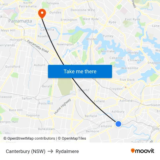 Canterbury (NSW) to Rydalmere map