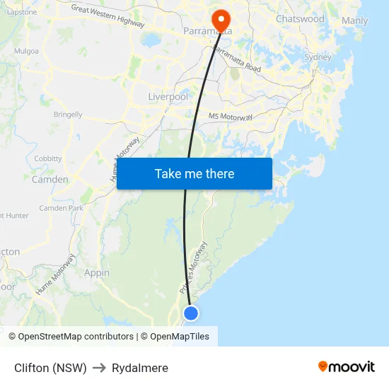 Clifton (NSW) to Rydalmere map