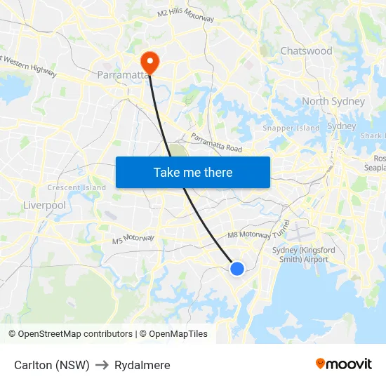 Carlton (NSW) to Rydalmere map