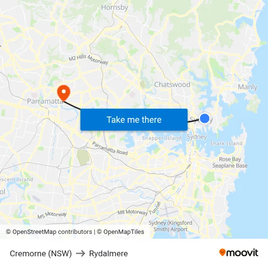 Cremorne (NSW) to Rydalmere map