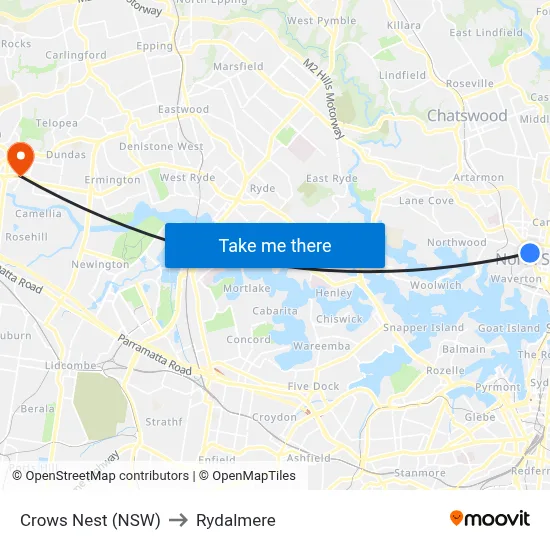 Crows Nest (NSW) to Rydalmere map