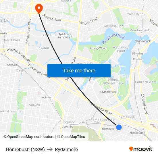 Homebush (NSW) to Rydalmere map