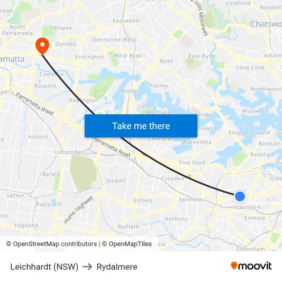 Leichhardt (NSW) to Rydalmere map