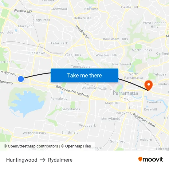 Huntingwood to Rydalmere map
