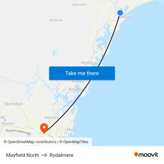 Mayfield North to Rydalmere map