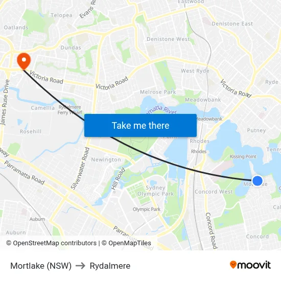 Mortlake (NSW) to Rydalmere map
