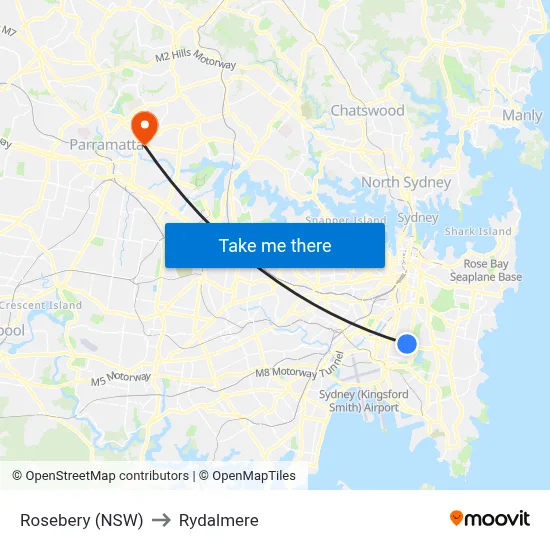 Rosebery (NSW) to Rydalmere map
