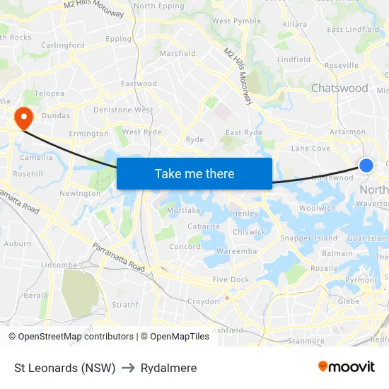 St Leonards (NSW) to Rydalmere map
