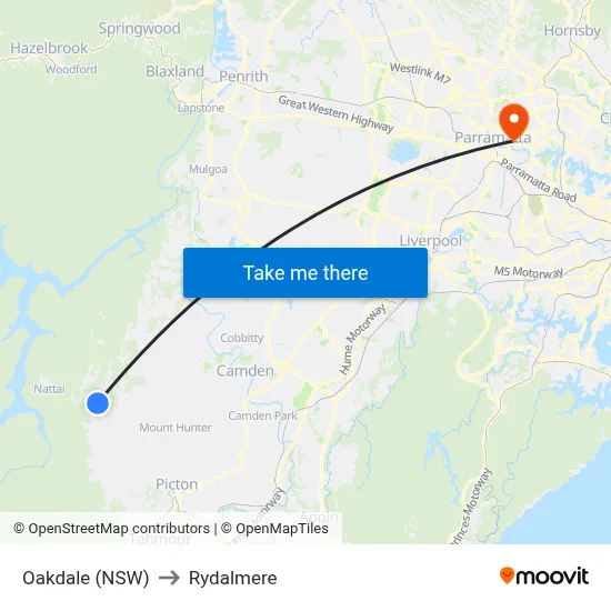 Oakdale (NSW) to Rydalmere map