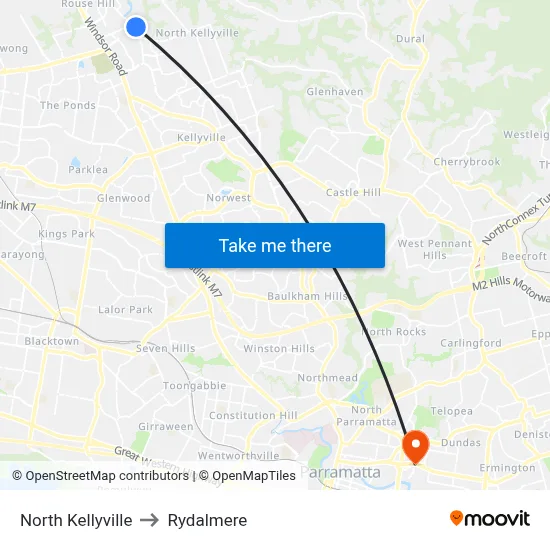 North Kellyville to Rydalmere map