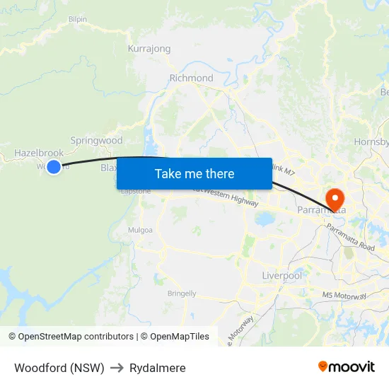 Woodford (NSW) to Rydalmere map