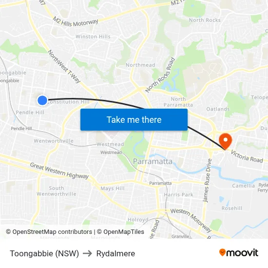 Toongabbie (NSW) to Rydalmere map