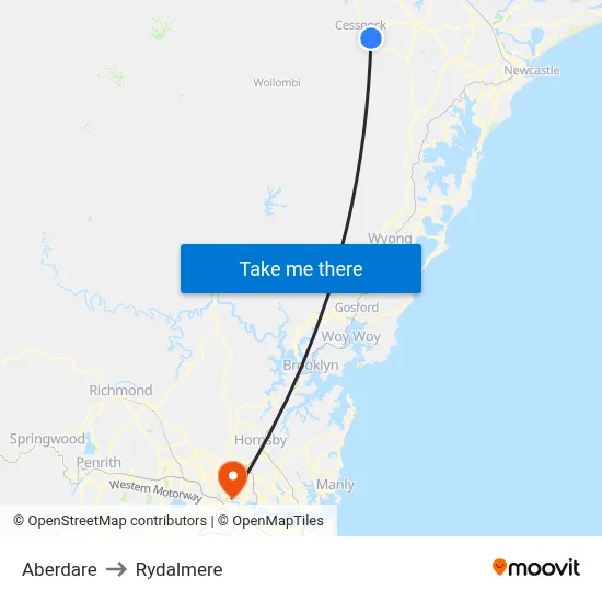 Aberdare to Rydalmere map
