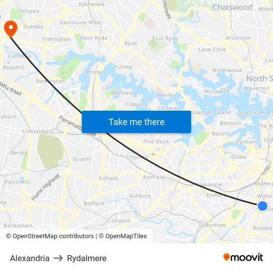 Alexandria to Rydalmere map
