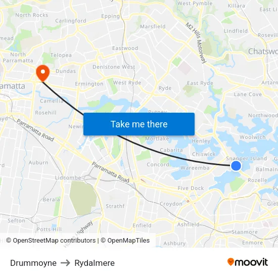 Drummoyne to Rydalmere map