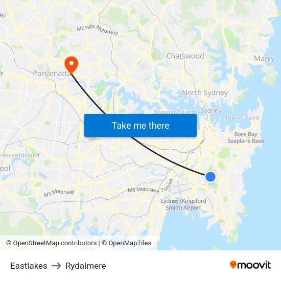 Eastlakes to Rydalmere map