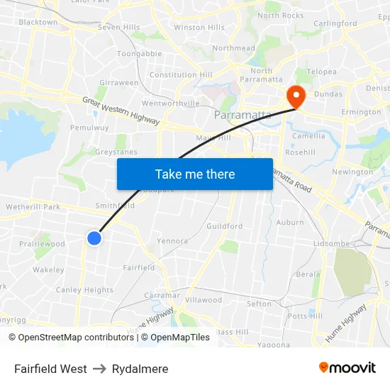 Fairfield West to Rydalmere map