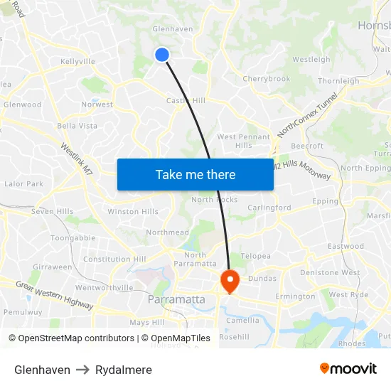 Glenhaven to Rydalmere map