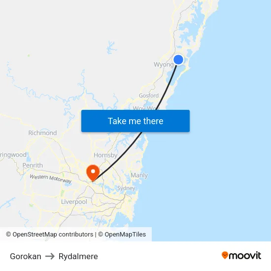 Gorokan to Rydalmere map