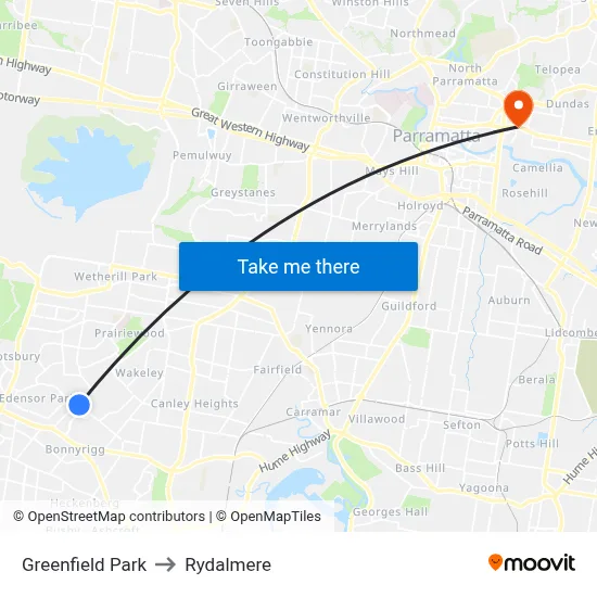 Greenfield Park to Rydalmere map