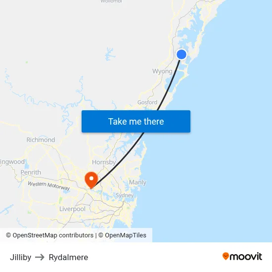 Jilliby to Rydalmere map