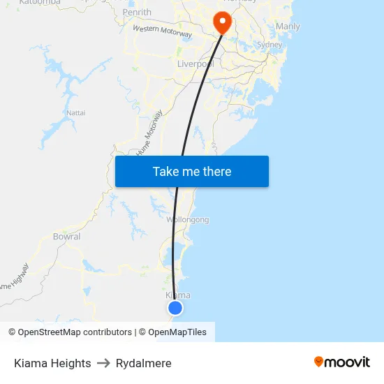Kiama Heights to Rydalmere map