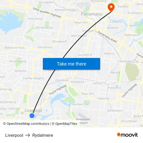 Liverpool to Rydalmere map
