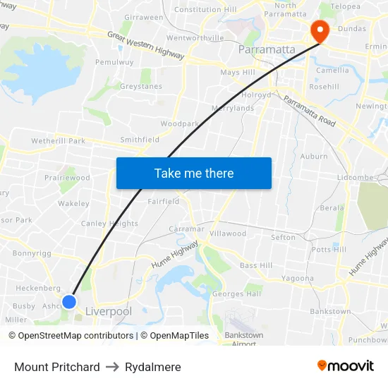 Mount Pritchard to Rydalmere map