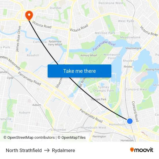 North Strathfield to Rydalmere map