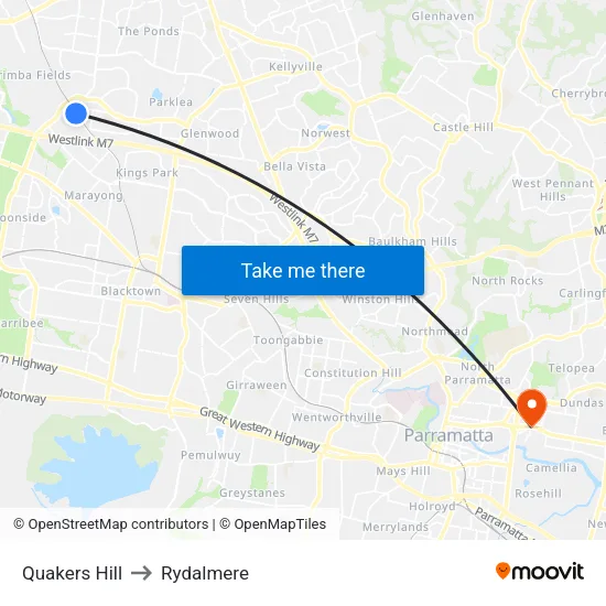 Quakers Hill to Rydalmere map