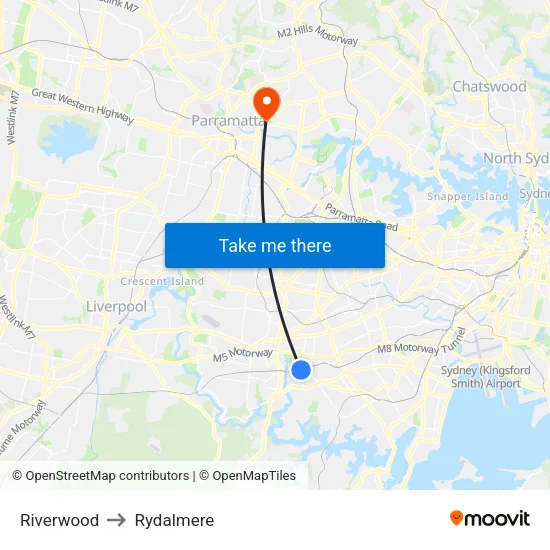 Riverwood to Rydalmere map