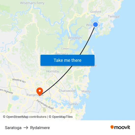 Saratoga to Rydalmere map