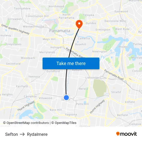 Sefton to Rydalmere map