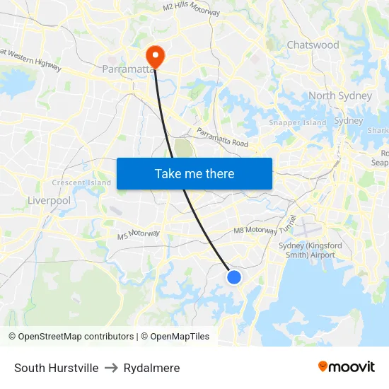 South Hurstville to Rydalmere map